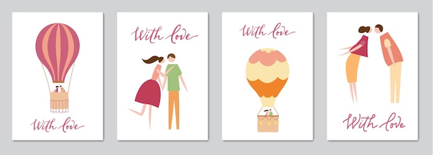 Set of cards with vector illustration of couple in love and lettering. Silhouette of romantic people