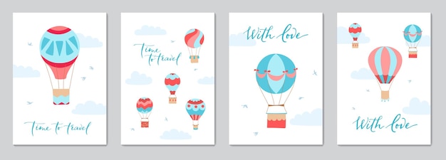 Set of cards with vector illustration of landscape with hot air balloons in sky