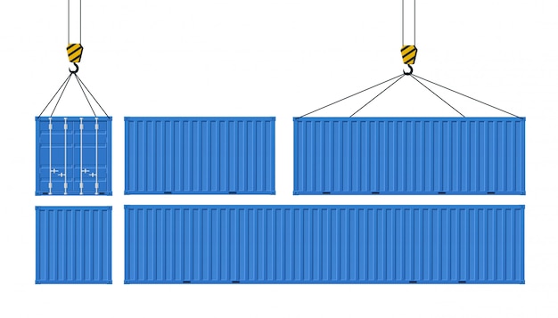 Vettore set di container per il trasporto di merci. la gru solleva il contenitore blu. concetto di consegna in tutto il mondo.