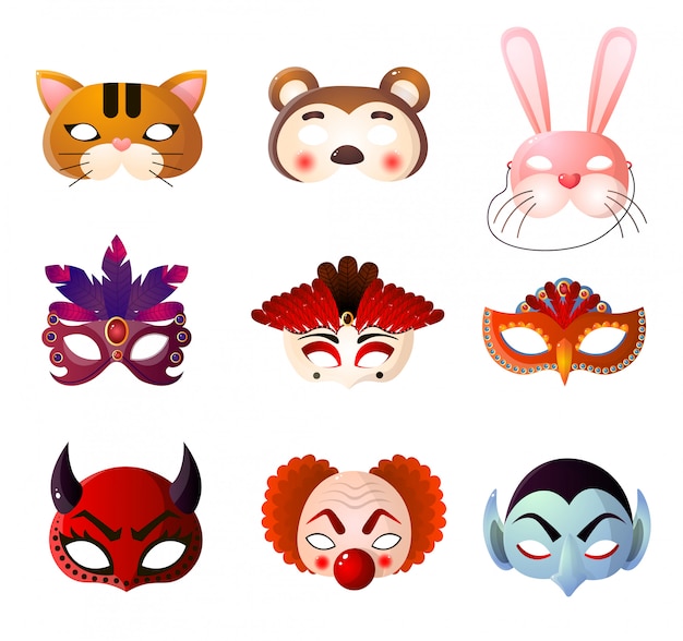 Vector set of carnival, halloween and animals masks  on white background