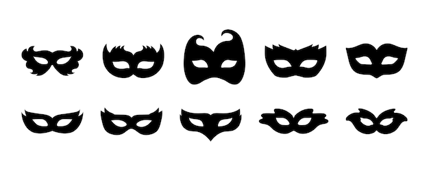 Set carnival masks silhouettes Black masquerade masks for parade, carnival for Mardi Gras, Halloween