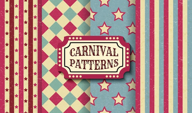 Set of carnival retro vintage seamless patterns. textured old fashioned circus wallpaper templates. collection of vector texture background tiles. for parties, birthdays, decorative elements.