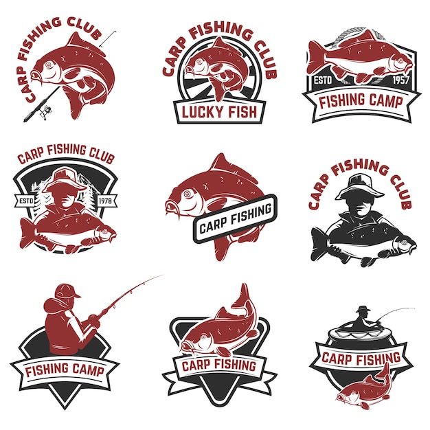 Insieme delle etichette di pesca della carpa su fondo bianco. elementi per logo, etichetta, emblema, segno. illustrazione.