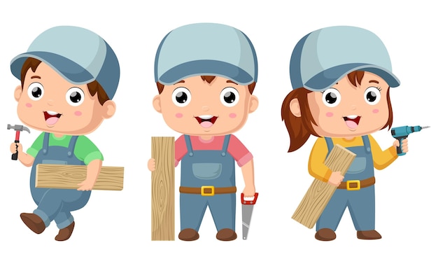Vector set of carpenter kids cartoon