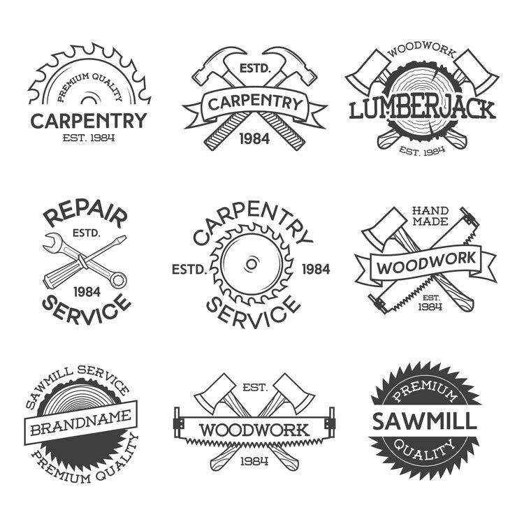Vector set of carpentry repair lumberjack sawmill and woodwork labels isolated on white background stamps banners and design elements wood work and manufacture label templates vector illustration