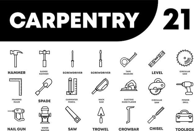 set of carpentry tools icon in line style