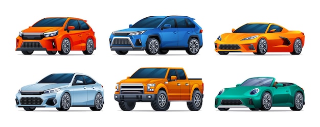 Set of cars in different types Hatchback suv sedan pickup convertible Vector illustration