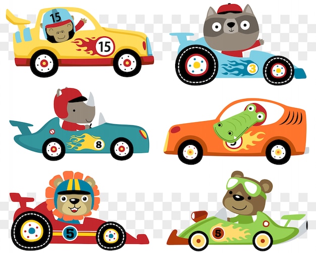 Set of cars race cartoon with funny racer