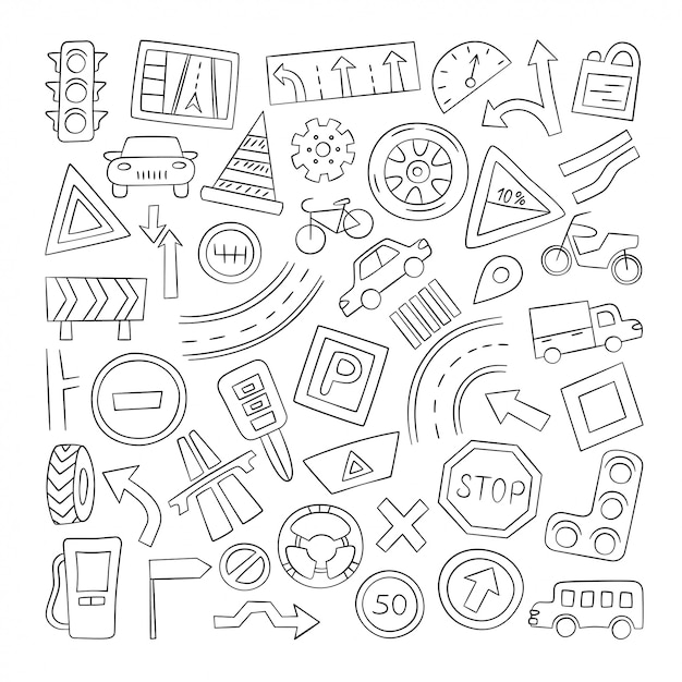 Set of cars, road objects, traffic signs and automobile