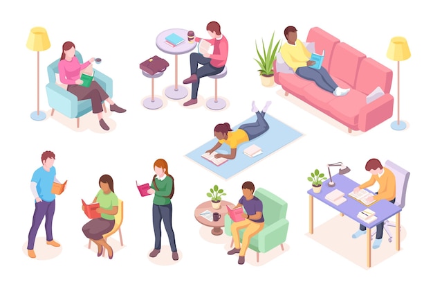 Set of cartoon adult people read books while lying at sofa or sitting man working at table and woman