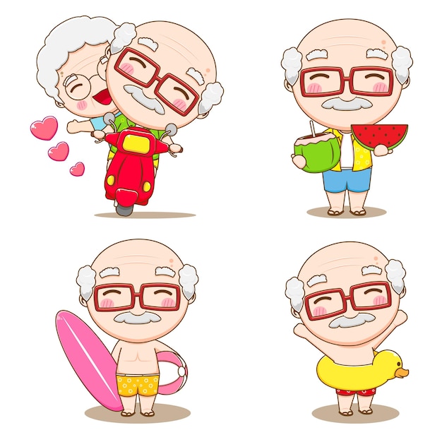 set cartoon afbeelding van schattige grootvader met zomer concept