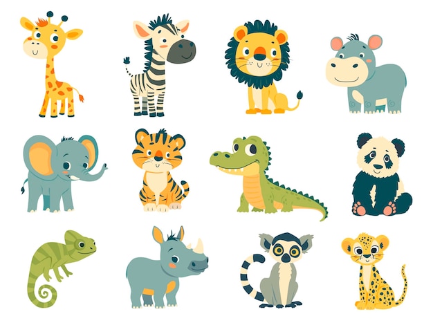 Set of cartoon african animals A Giraffe a lion an elephant a zebra a hippo a lemur a cheetah etc