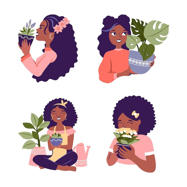 만화 아프리카 소녀 세트는 벡터 삽화 행복한 여자가 집의 꽃을 껴안고 식물을 돌봅니다. 이들은 로고 디자인 스티커 티셔츠 등의 초상화입니다