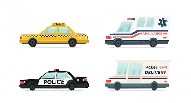Set cartoon ambulance, politie, levering en gele taxi auto