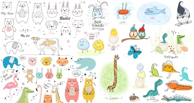 ベクトル 北欧風の漫画の動物を設定 doodlethe best friends are bear crocodile cat dog