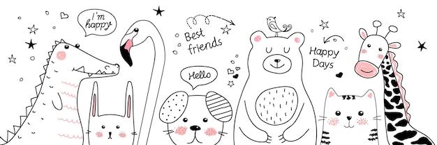 Набор мультяшных животных в скандинавском стиле sketch doodleлучшие друзья медведь крокодил кошка собака