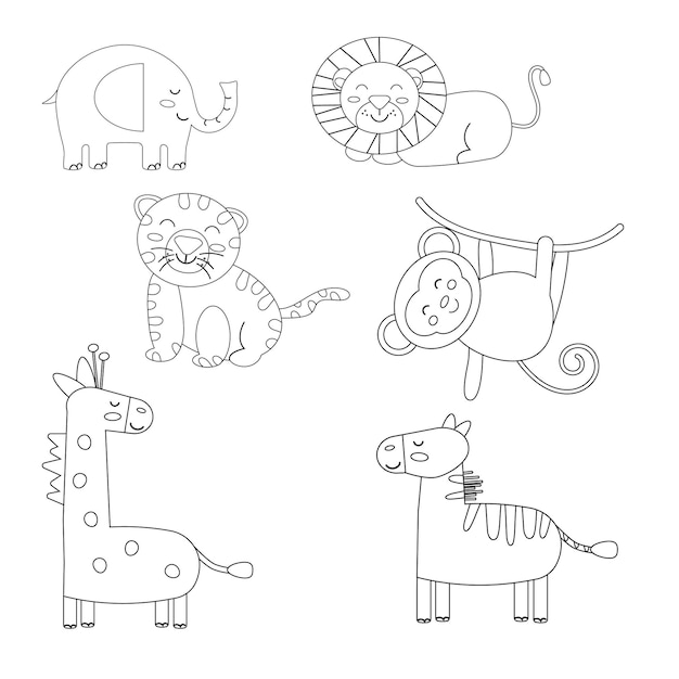 Vector set of cartoon animals outline boho vector illustration