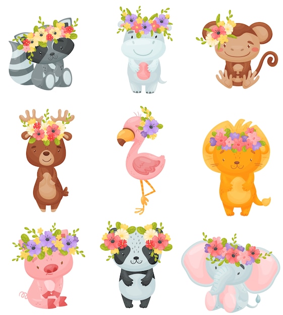 Set of cartoon animals with wreaths of flowers on their heads