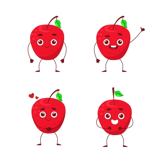 Set of cartoon apple character waving with hand smiling demonstrating different emotions