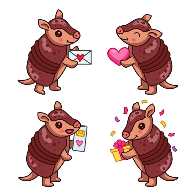 Vector set of cartoon armadillo character holding heart, receiving love letter and birthday present