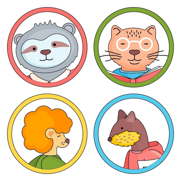 Vector set of cartoon avatars of cute animals sloth cat in glasses lion otter round frame wild animal