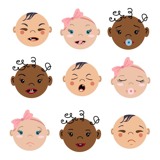 Set di facce da bambino dei cartoni animati con diverse emozioni. illustrazioni vettoriali di ritratti di bambini