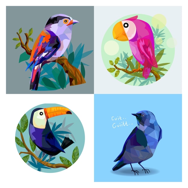 Набор иконок мультяшных птиц Плоская красочная векторная коллекция животных