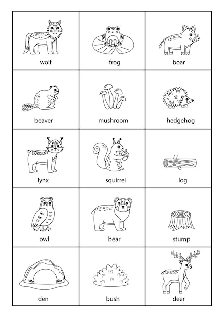 Set of cartoon black and white woodland animals with names