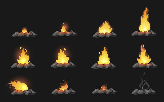 Vector set of cartoon bonfires with stones on black background