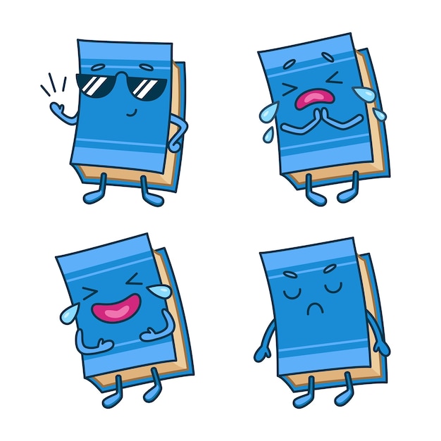 Vector set of cartoon book character crying, laughing, wearing sunglasses and complaining