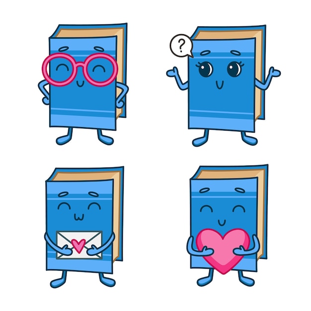 Set of cartoon book character having question, wearing eyeglasses, holding love letter and heart