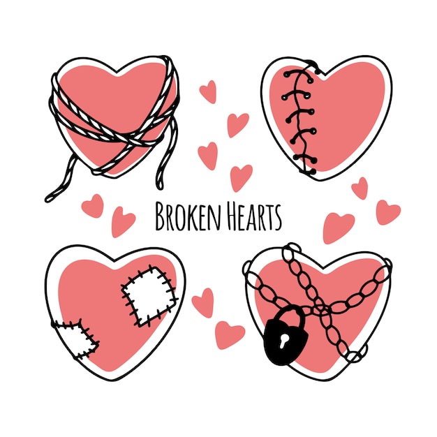 Set of cartoon broken hearts