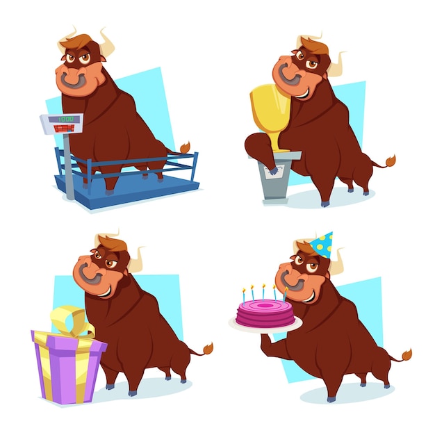 Vector set of cartoon bull character weighing, winning prize, receiving gift, holding birthday cake