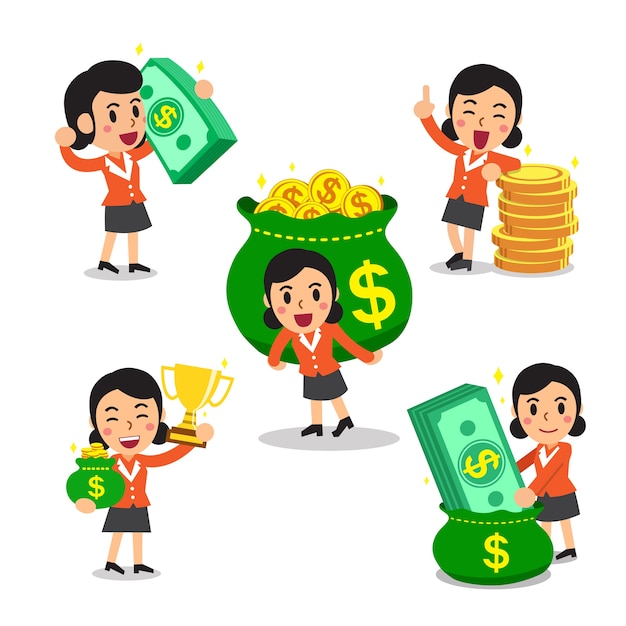 Set of cartoon businesswoman with money