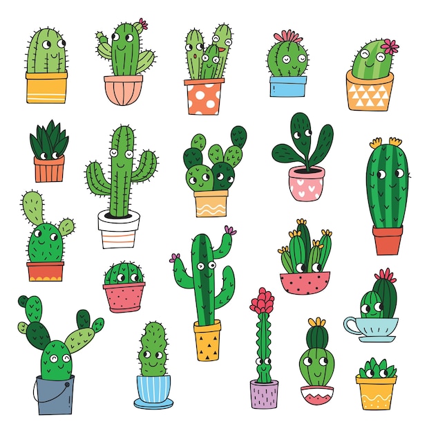 Set di cactus cartoon isolato su sfondo bianco