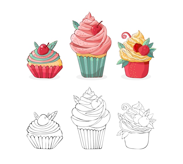 Set cartoon cakes in vector. hand drawn dessert in vintage style. cap cake with cream and cherry. sweet food isolated on white background. illustration of black line art and colored version. doodle