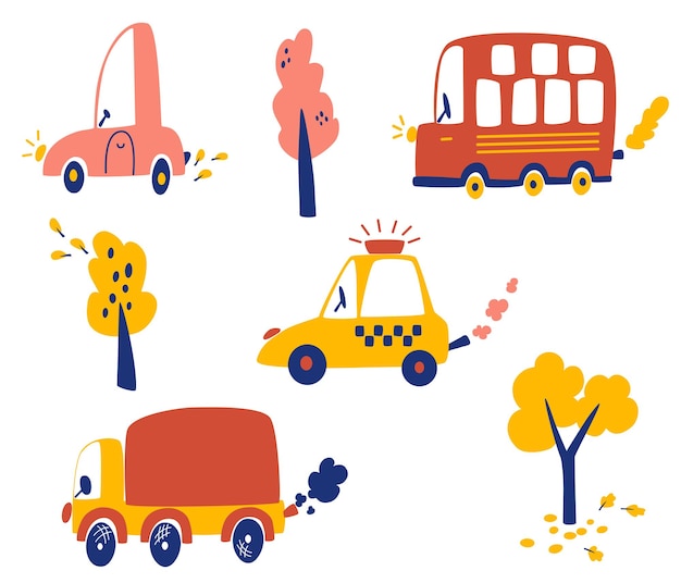 Set of cartoon cars. various cars, truck, passenger car, taxi, tourist bus and autumn trees. urban transport. for design of children's rooms, clothing, textiles. vector illustration in flat style