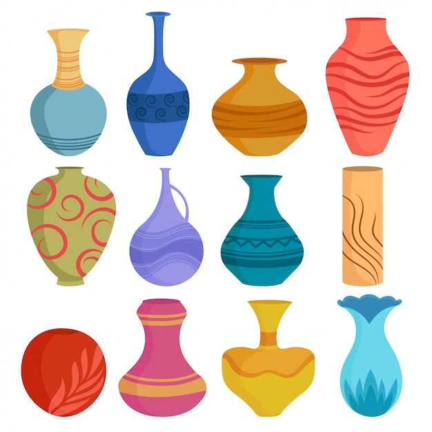 Vector set of cartoon ceramic vases. colored ceramics vase objects, antique pottery cups