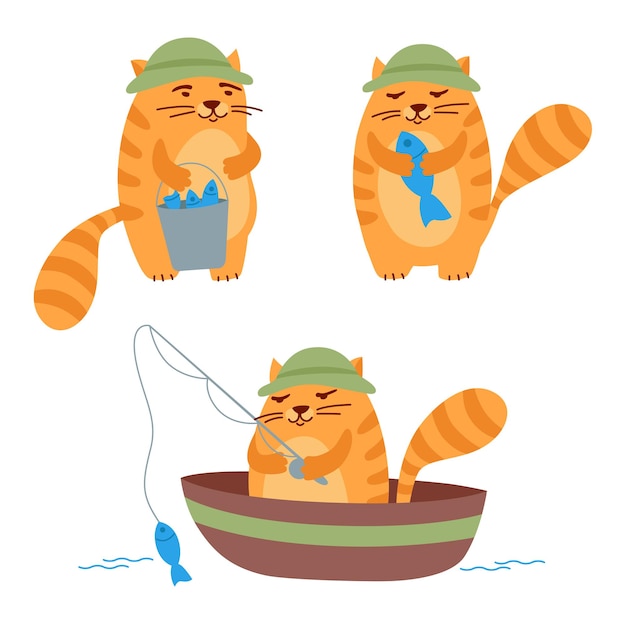 Set of cartoon character cat fisher on a boat and with a bucket of fish