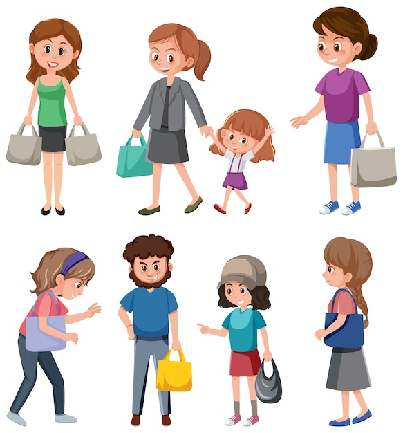 Vector set of cartoon character go shopping with shopping bag