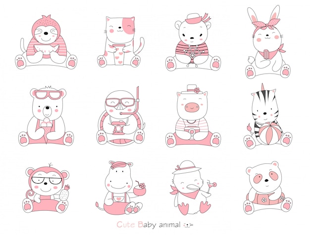 Set cartoon character the lovely baby animals on white background. hand-drawn style.