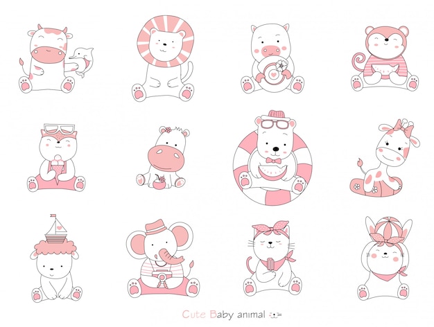 Set cartoon character the lovely baby animals on white background. hand-drawn style.