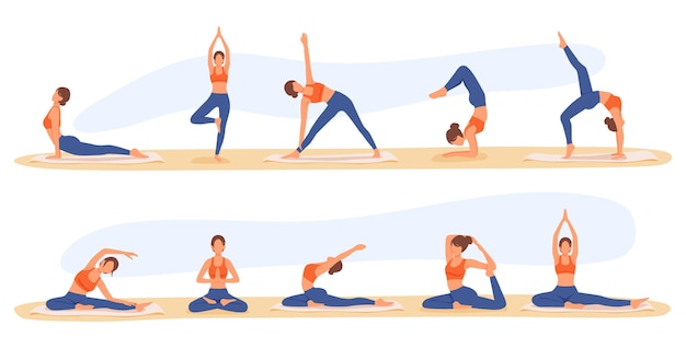 Set of cartoon character of young woman in sportswear doing stretching exercises