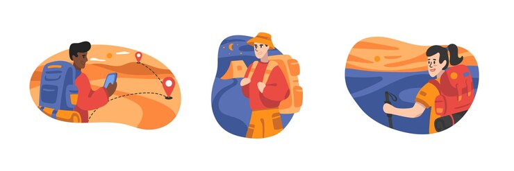 Vector set of cartoon characters discovering new places during travel