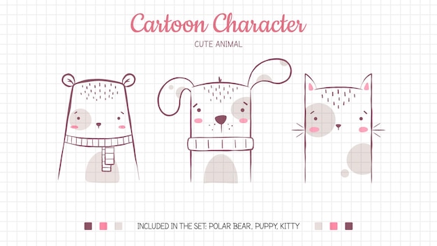 Vector set cartoon characters polar bear puppy kitty cute amimal illustration for kids