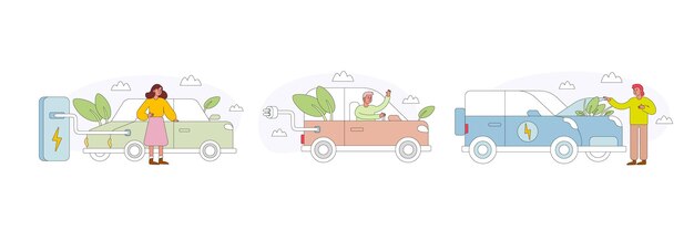 Vector set of cartoon characters using eco friendly cars in city