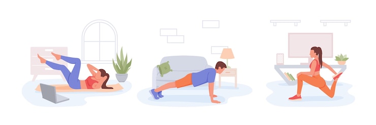 Vector set of cartoon characters of young athletic people doing sports at home