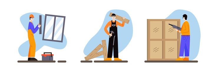 Vector set of cartoon characters of young people doing house renovation and repairing