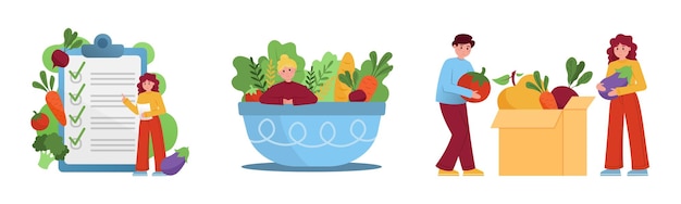 Set of cartoon characters of young people eating healthy food