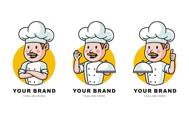 Set of cartoon chef with mustache logo illustration for restaurant